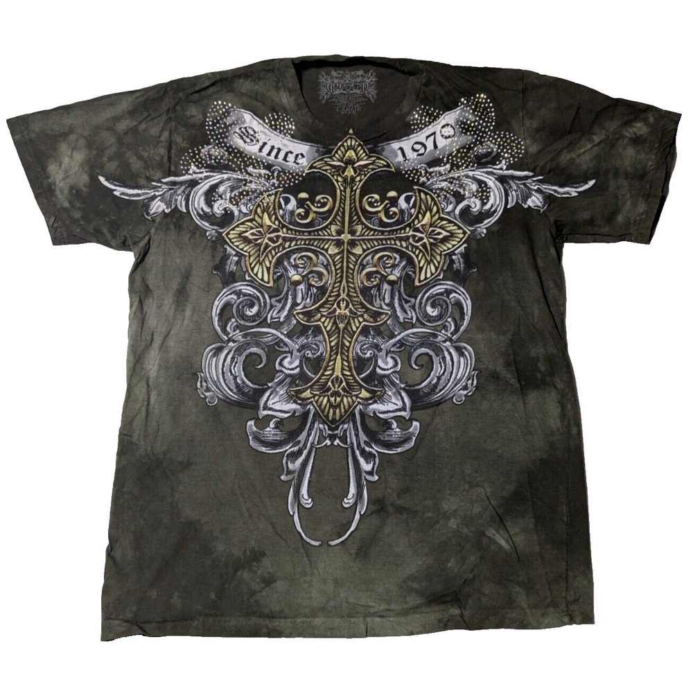 GODSEND SINCE 1970 Men Large Green Dye Cotton Double-Sided CROSS Graphic T-Shirt